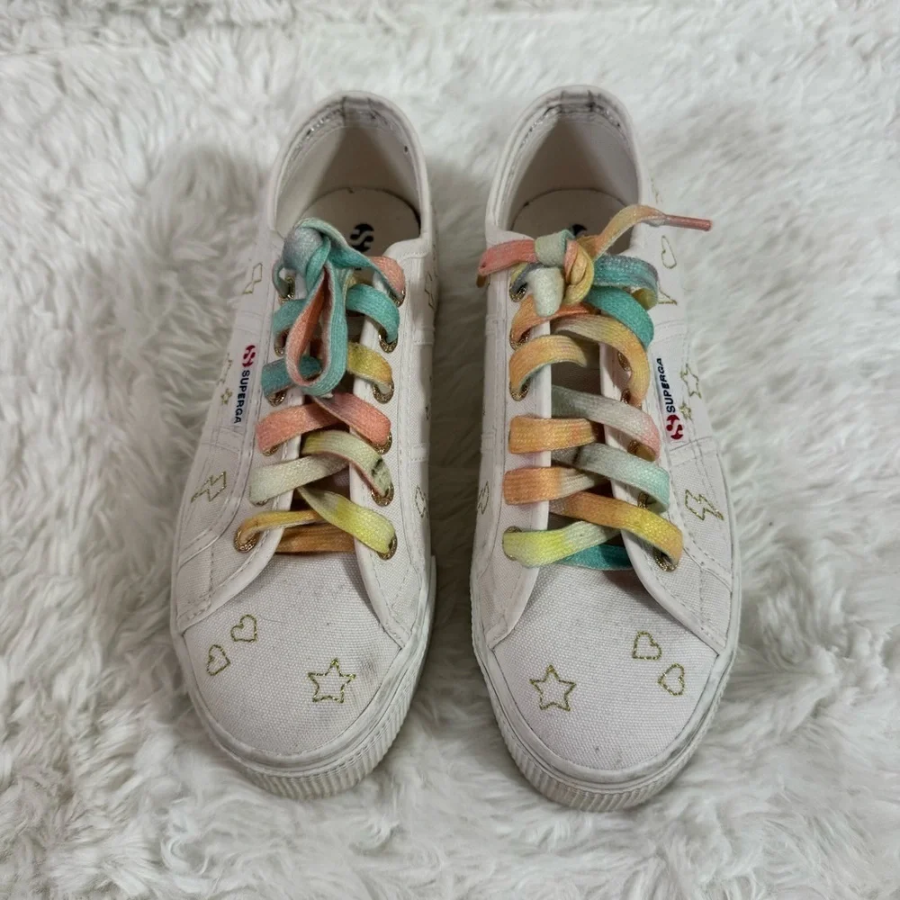 Superga White Platform Sneakers with Multicolor Laces Size 6